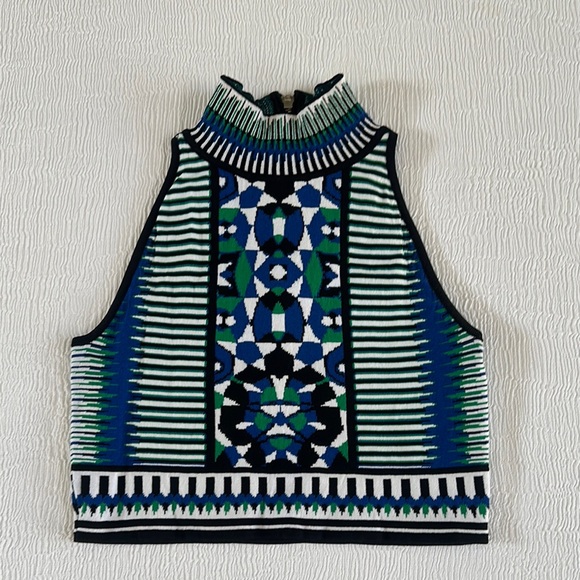 Torn by Ronny Kobo Tops - Torn by Ronny Kobo Blue Black Graphic stretch knit halter style Tank Top